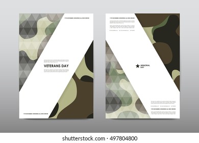 Set of Veterans Day brochure, poster templates in khaki style. Beautiful design and layout