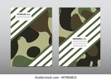 Set of Veterans Day brochure, poster templates in khaki style. Beautiful design and layout