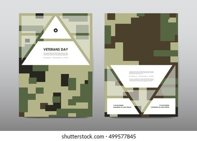 Set of Veterans Day brochure, poster templates in khaki style. Beautiful design and layout