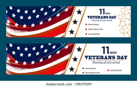 Set of Veterans day card with creative USA flag. Vector illustration.