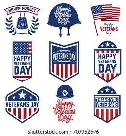 Set of veterans day emblems isolated on white background. Design elements for logo, label, emblem, sign. Vector illustration