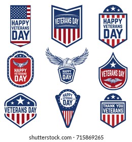 Set of veterans day emblems. USA culture. Design elements for logo, label, emblem, sign. Vector illustration