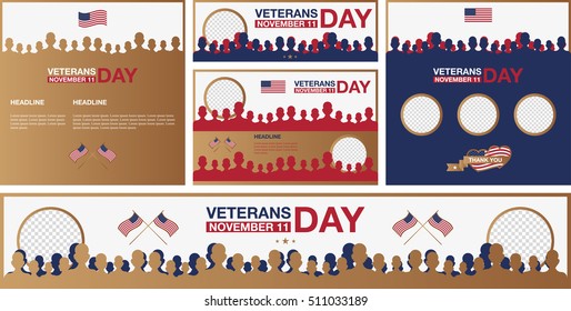 Set of Veterans day promo banners. Greeting cards or posters. Usa on background. Vector illustration EPS 10