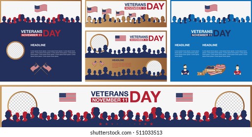 Set of Veterans day promo banners. Greeting cards or posters. Usa on background. Vector illustration EPS 10