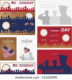 Set of Veterans day promo banners. Greeting cards or posters. Usa on background. Vector illustration EPS 10