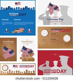 Set of Veterans day promo banners. Greeting cards or posters. Usa on background. Vector illustration EPS 10