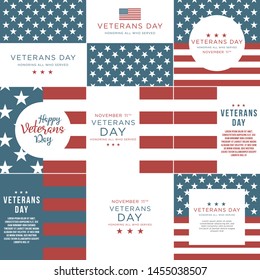 Set of veterans day template background with USA flag. Honoring all who served on November 11. Isolated with solid color.