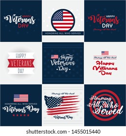 Set of Veterans day with USA flag. Honoring all who served on November 11. Isolated with solid background.