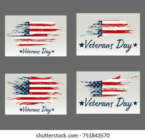 Set Veterans Day. Usa flag on background. Design for holiday cards on a gray background.