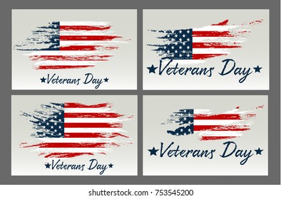 Set Veterans Day. Usa flag brush strokes. Design for holiday cards on a gray background.