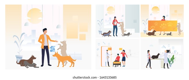 Set of veterinarians man and woman examining dog. Flat vector illustrations of vet clinic, veterinary. Pet treatment, consultation, animal care concept for banner, website design or landing web page