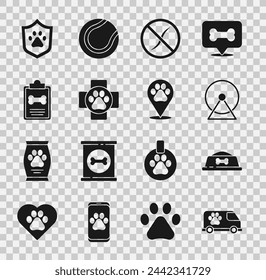 Set Veterinary ambulance, Pet food bowl, Hamster wheel, Anti worms parasite, clinic, Clinical record pet, Animal health insurance and Location veterinary icon. Vector