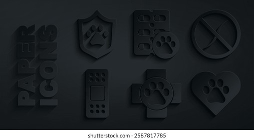 Set Veterinary clinic, Anti worms parasite, Bandage plaster, Heart with animals footprint, Dog pill and Animal health insurance icon. Vector