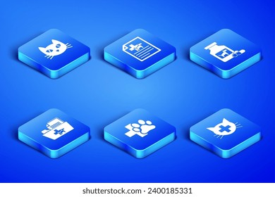 Set Veterinary clinic, Cat, , Medical veterinary record folder, certificate for dog cat and Dog medicine bottle and pills icon. Vector