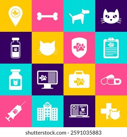 Set Veterinary clinic, Cat and pills, Clinical record pet, Dog,  and Pets vial medical icon. Vector