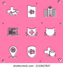 Establecer clínica veterinaria, mascota de registros clínicos, hospital de medicamentos, gato en laptop e icono de Gato. Vector