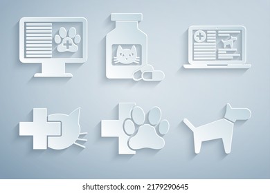 Ponga en venta la clínica veterinaria, el perro de registro clínico en la laptop, el perro, el frasco de medicina para el gato y las pastillas y el icono del monitor de mascotas. Vector