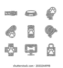 Set Veterinary clinic, Dog bone, Shopping bag pet, Pet toys rubber and ball, pill, Human with animals footprint and Collar name tag icon. Vector