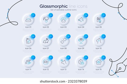 Set of Veterinary clinic, Elephant on ball and Pet tags line icons for web app. Winner cup, Dog bone, Lightweight icons. Dog feeding, Pets care, Animal tested signs. Stop fishing, Pet shelter. Vector