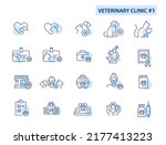 Set of veterinary clinic pet care icons. Doctor, checkup, vaccine, cat and dog love. Pixel perfect, editable stroke line art.