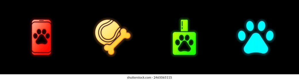 Set Veterinary clinic, Pet toys bone rubber and ball, shampoo and Paw print icon. Vector
