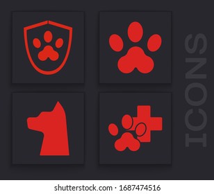 Set Veterinary clinic symbol, Animal health insurance, Paw print and Cat icon. Vector