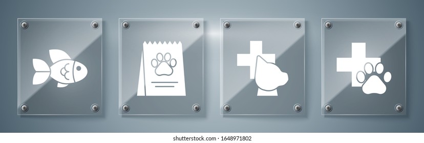 Set Veterinary clinic symbol, Veterinary clinic symbol, Bag of food for dog and Fish. Square glass panels. Vector