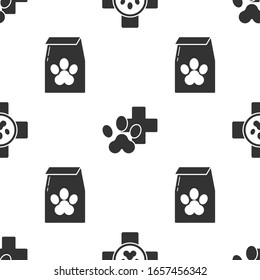 Set Veterinary clinic symbol, Veterinary clinic symbol and Bag of food for pet on seamless pattern. Vector