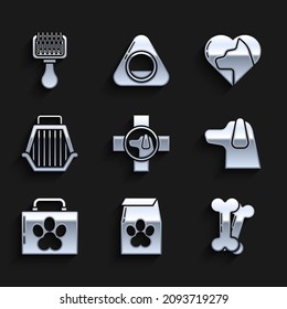 Set Veterinary clinic symbol, Bag of food for pet, Dog bone, Pet first aid kit, carry case, Heart with cat and Hair brush dog and icon. Vector