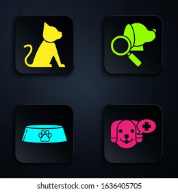 Set Veterinary clinic symbol, Cat, Pet food bowl for cat or dog and Veterinary clinic symbol. Black square button. Vector