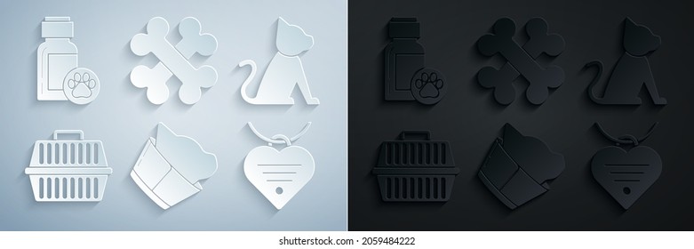Set Veterinary clinic symbol, Cat, Pet carry case, Collar with name tag and heart, Crossed bones and Dog medicine bottle icon. Vector