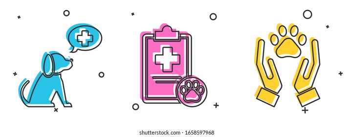 Set Veterinary clinic symbol, Clipboard with medical clinical record pet and Hands with animals footprint icon. Vector