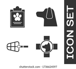 Set Veterinary clinic symbol, Clipboard with medical clinical record pet, Dog muzzle and Dog icon. Vector