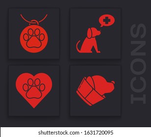 Set Veterinary clinic symbol, Collar with name tag, Veterinary clinic symbol and Heart with animals footprint icon. Vector