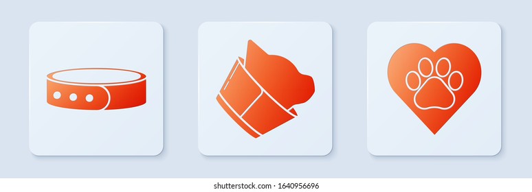 Set Veterinary clinic symbol, Collar with name tag and Heart with animals footprint. White square button. Vector