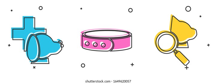 Set Veterinary clinic symbol, Collar with name tag and Veterinary clinic symbol icon. Vector
