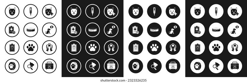 Set Veterinary clinic symbol, Collar with name tag, Clipboard medical clinical record pet, Cat, Medical digital thermometer, Hands animals footprint and  icon. Vector