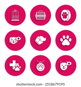 Set Veterinary clinic symbol, Collar with name tag, Paw print,  and Cage for birds icon. Vector