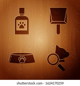 Set Veterinary clinic symbol, Dog medicine bottle, Pet food bowl for cat or dog and Dustpan on wooden background. Vector
