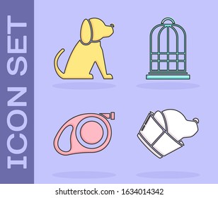 Set Veterinary clinic symbol, Dog, Retractable cord leash with carabiner and Cage for birds icon. Vector