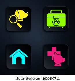 Set Veterinary clinic symbol, Veterinary clinic symbol, Dog house and Pet first aid kit. Black square button. Vector