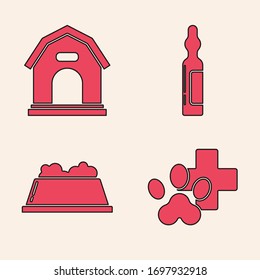 Set Veterinary clinic symbol, Dog house, Pets vial medical and Pet food bowl icon. Vector