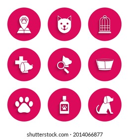 Set Veterinary clinic symbol, Dog medicine bottle, Protective cone collar, Paw print, Cage for birds and Map pointer with veterinary hospital icon. Vector