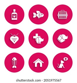 Set Veterinary clinic symbol, Dog house, Fish skeleton, Collar with name tag and heart, Pet carry case and medicine bottle icon. Vector