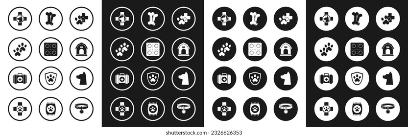 Set Veterinary clinic symbol, Dog and pills, Paw print, house, bone, Cat and Pet first aid kit icon. Vector