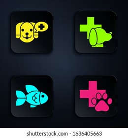 Set Veterinary clinic symbol, Veterinary clinic symbol, Fish and Veterinary clinic symbol. Black square button. Vector
