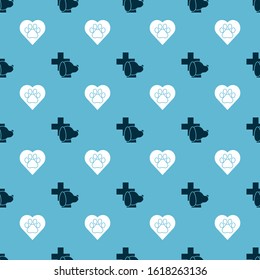 Set Veterinary clinic symbol and Heart with animals footprint on seamless pattern. Vector