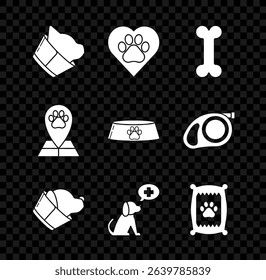 Set Veterinary clinic symbol, Heart with animals footprint, Dog bone, Bag of food for dog, Map pointer veterinary medicine hospital and Pet bowl cat icon. Vector