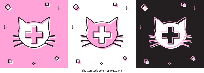 Set Veterinary clinic symbol icon isolated on pink and white, black background. Cross with cat veterinary care. Pet First Aid sign.  Vector Illustration