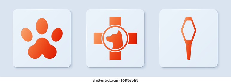 Set Veterinary clinic symbol, Paw print and Pets vial medical. White square button. Vector